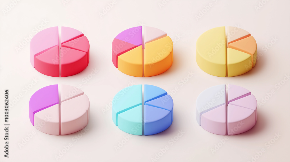 Obraz premium Colorful 3D Pie Chart Icon Set on White Background 