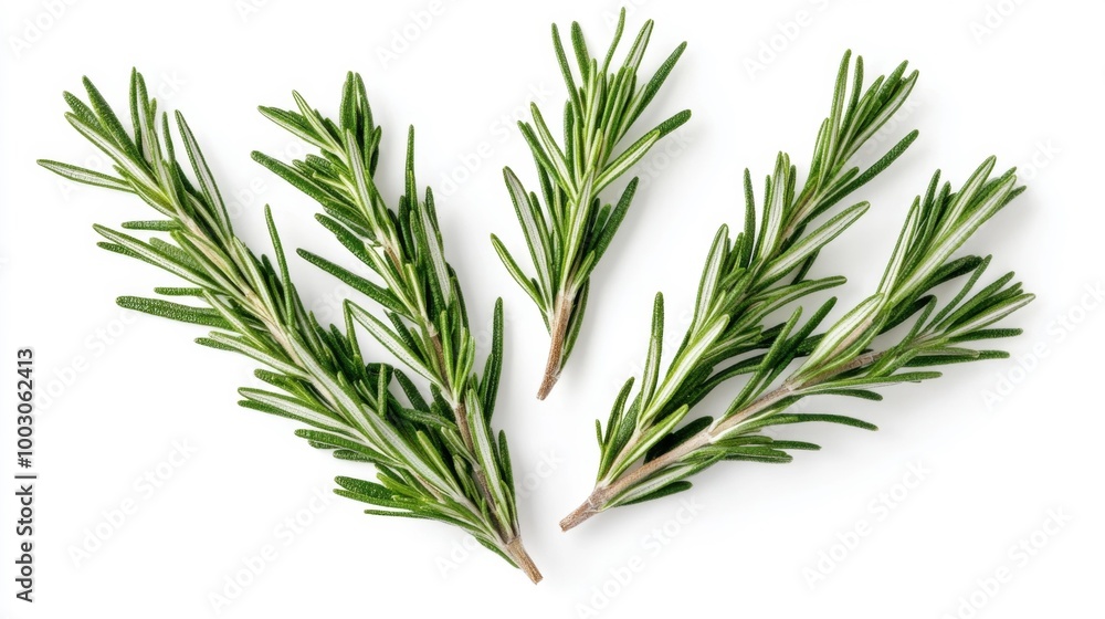 Green Rosemary Sprigs Isolated on White Generative AI Green Rosemary Sprigs Isolated on White Generative AI