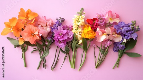 A vibrant arrangement of various flowers on a pink background.
