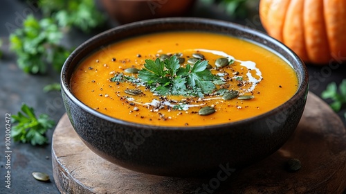 Pumpkin soup with cream, seeds, crackers and cinnamon. Autumn decor on table, orange squash in background. Healthy Halloween food