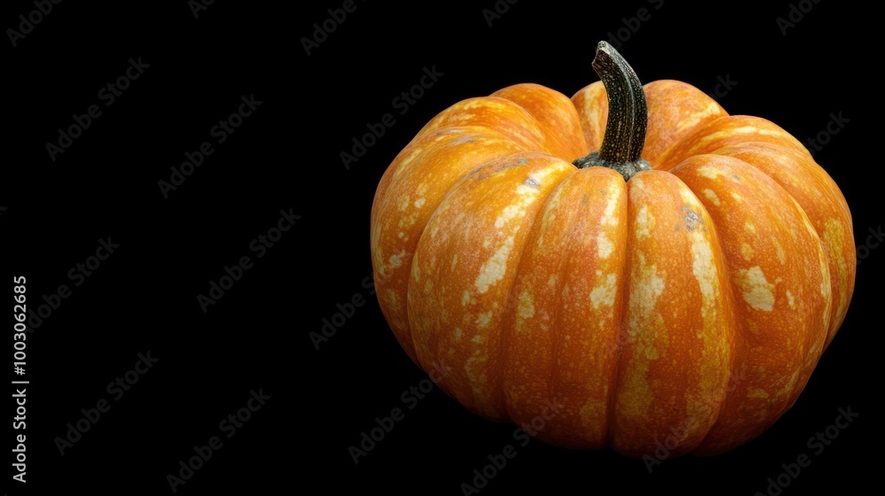 Fototapeta premium A vibrant orange pumpkin with a textured surface against a black background.
