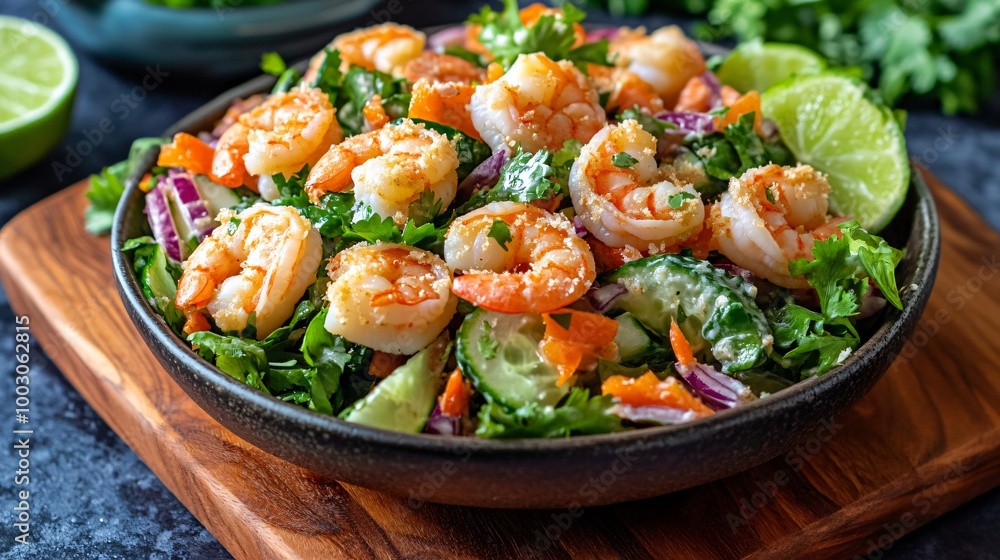 Coconut shrimp salad with lime dressing, on a wooden cutting board with a contrasting abstract art background Coconut shrimp salad with lime dressing, on a wooden cutting board with a contrasting abstract art background