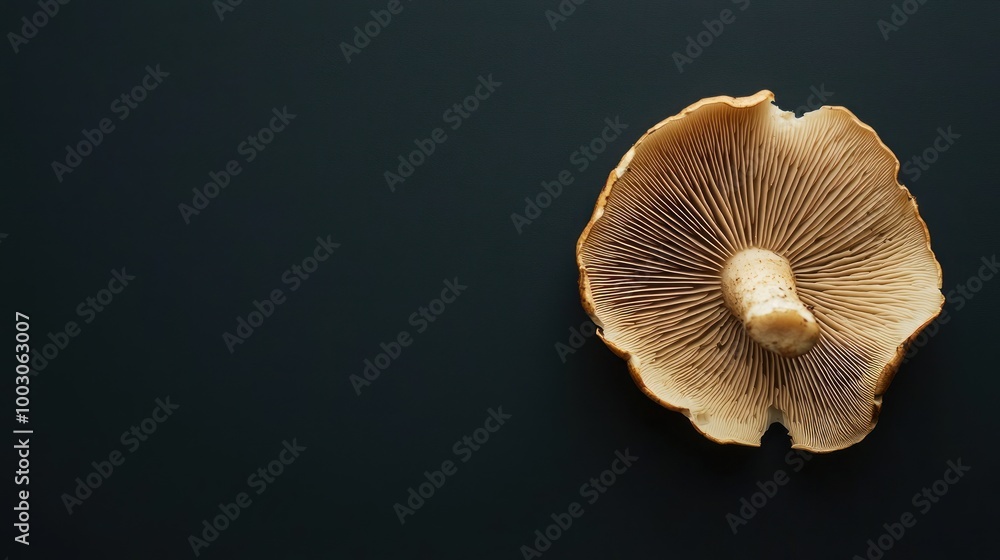 A close-up of a mushroom showcasing its gills and cap against a dark background. A close-up of a mushroom showcasing its gills and cap against a dark background.
