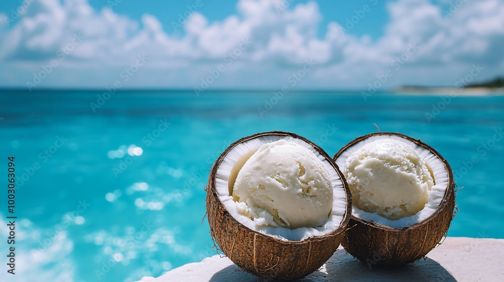 Coconut sorbet in a halved coconut shell, with a deep blue ocean ...