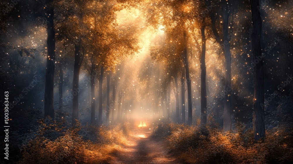 A serene forest scene illuminated by warm light, creating a magical atmosphere. A serene forest scene illuminated by warm light, creating a magical atmosphere.