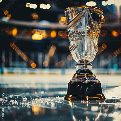 Championship hockey trophy on ice with stadium lights in background photo