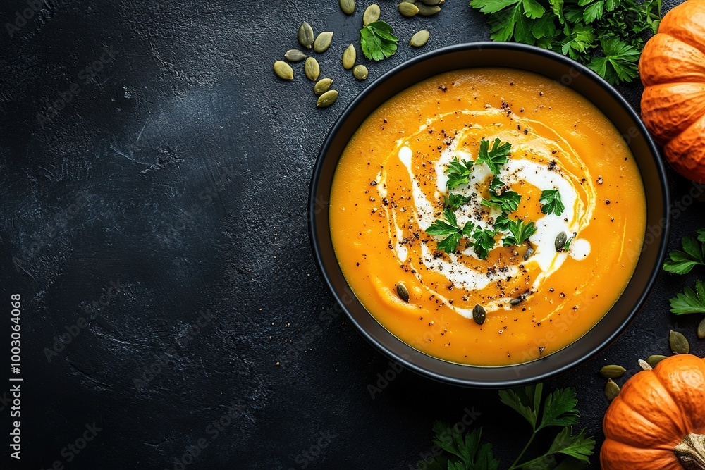 Pumpkin soup with cream, seeds, crackers and cinnamon. Autumn decor on table, orange squash in background. Healthy Halloween food. Top view with copy space Pumpkin soup with cream, seeds, crackers and cinnamon. Autumn decor on table, orange squash in background. Healthy Halloween food. Top view with copy space