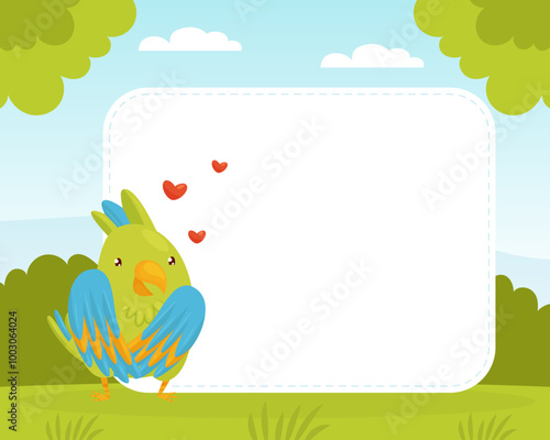Empty Banner with Green Parrot Funny Bird Vector Template