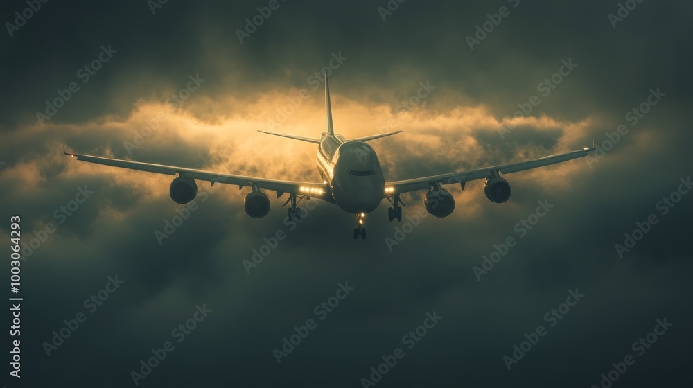 An airplane emerges from dark clouds, illuminated by a golden light. An airplane emerges from dark clouds, illuminated by a golden light.