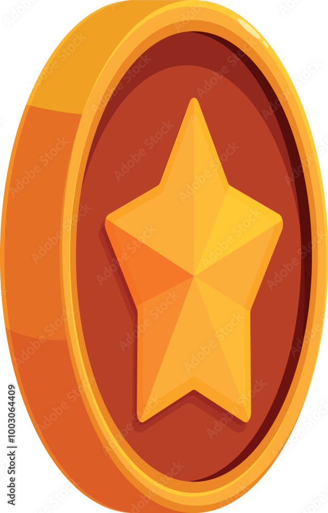 Gold coin is standing on its side, featuring a star embossed on its face Gold coin is standing on its side, featuring a star embossed on its face