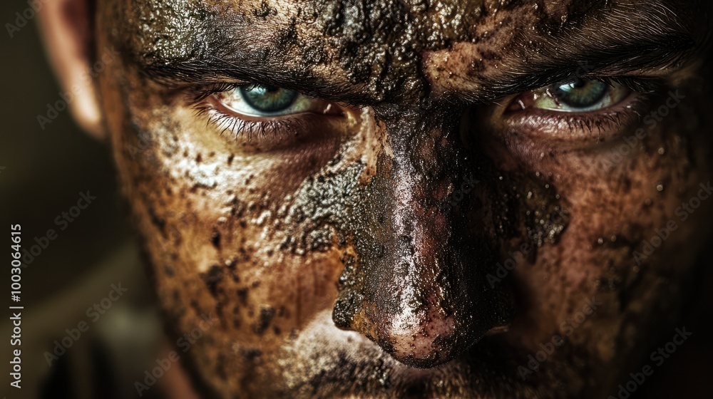 intense closeup of a male soldier dirt and sweat covering his face capturing the raw emotion and resilience of battle the dramatic lighting emphasizes the grit and determination in his gaze intense closeup of a male soldier dirt and sweat covering his face capturing the raw emotion and resilience of battle the dramatic lighting emphasizes the grit and determination in his gaze