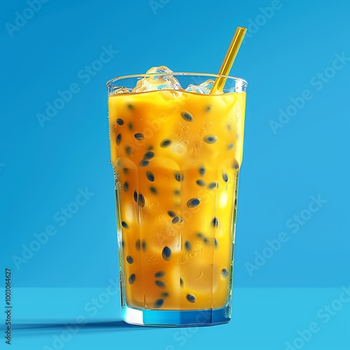 glass of passion fruit juice isolated on blue background