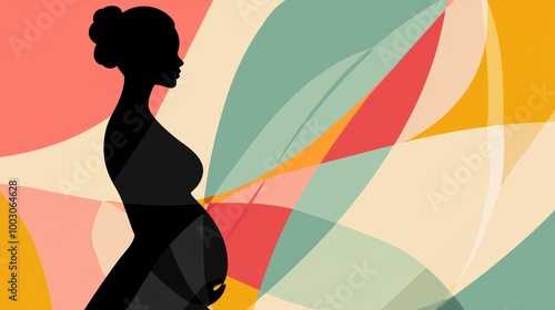 Silhouette of pregnant woman with vibrant geometric abstract background and flowing shapes