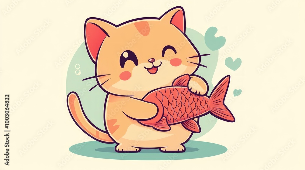 Adorable cartoon cat holding a fish with a happy expression. Adorable cartoon cat holding a fish with a happy expression.