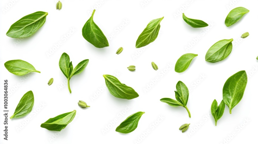 Fresh Basil Leaves Floating Isolated on White Background Generative AI Fresh Basil Leaves Floating Isolated on White Background Generative AI