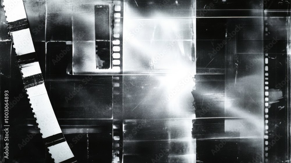 Obraz premium Creative collage layout with transparent old, vintage film strips on grunge gray background