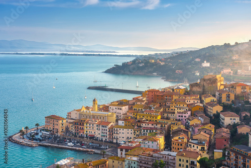Fototapeta Naklejka Na Ścianę i Meble -  Porto Santo Stefano village, church and castle. Argentario, Tuscany, Italy