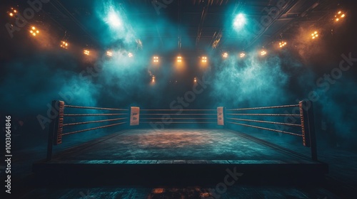 A dark boxing ring illuminated by bright overhead lights photo