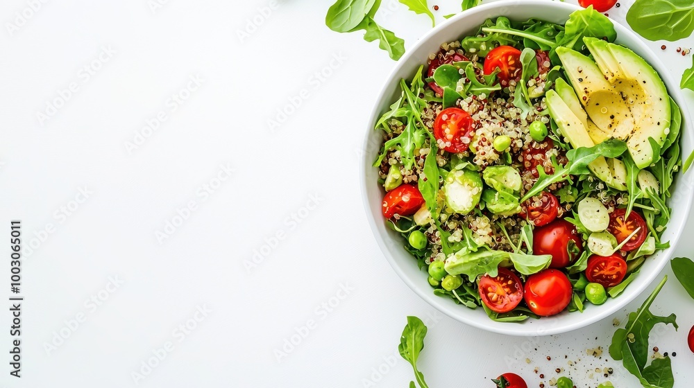 Vibrant Quinoa Salad Bowl: A colorful and refreshing quinoa salad bowl, brimming with fresh ingredients like avocado, cherry tomatoes, peas, and arugula. Vibrant Quinoa Salad Bowl: A colorful and refreshing quinoa salad bowl, brimming with fresh ingredients like avocado, cherry tomatoes, peas, and arugula.