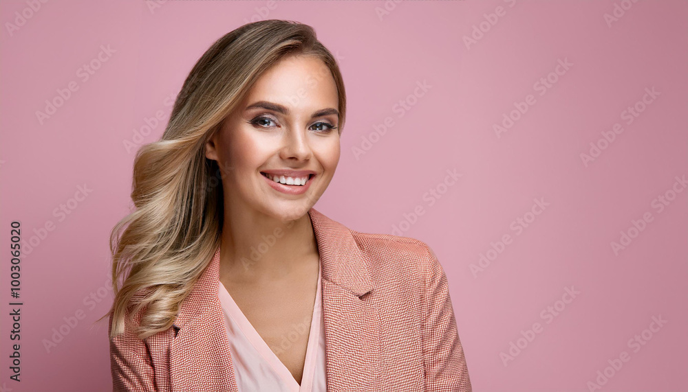 Happy Blonde Woman Smiling. Photo Studio. Pink Background. Happy Blonde Woman Smiling. Photo Studio. Pink Background.