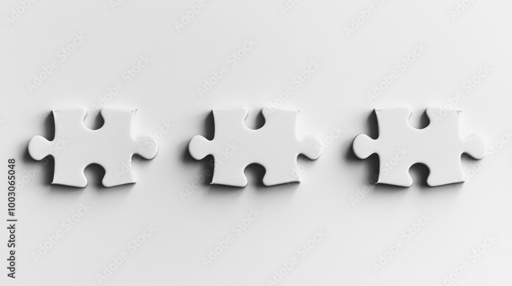 Obraz premium Three white puzzle pieces on a smooth surface, symbolizing connection and problem-solving.