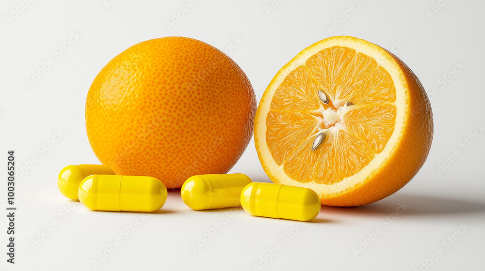 Fototapeta premium Fresh oranges and vitamin C capsules, Immune system boost, Immune-boosting foods, Fresh fruits and vitamins, Vitamin C