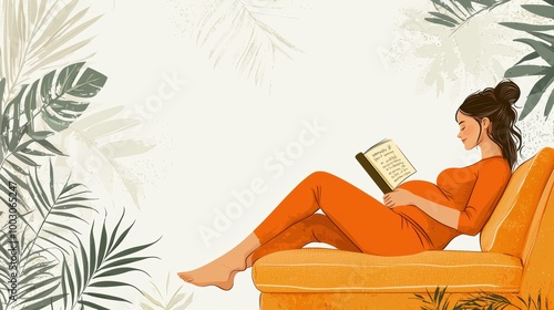 Pregnant woman in orange clothing reading peacefully on a comfy chair with indoor greenery