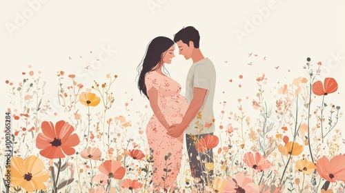 Pregnant couple in love standing together in a field of wildflowers during a peaceful moment
