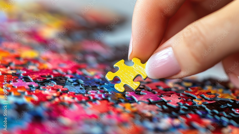 A hand placing a yellow puzzle piece onto a colorful jigsaw puzzle. A hand placing a yellow puzzle piece onto a colorful jigsaw puzzle.