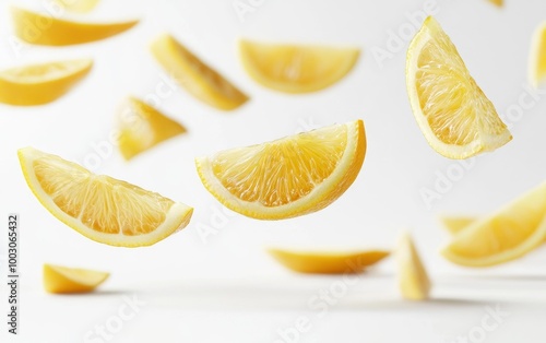 Flying lemon slices against white background Generative AI photo