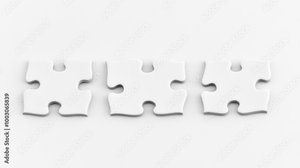 Obraz premium Three interlocking white puzzle pieces on a plain background.