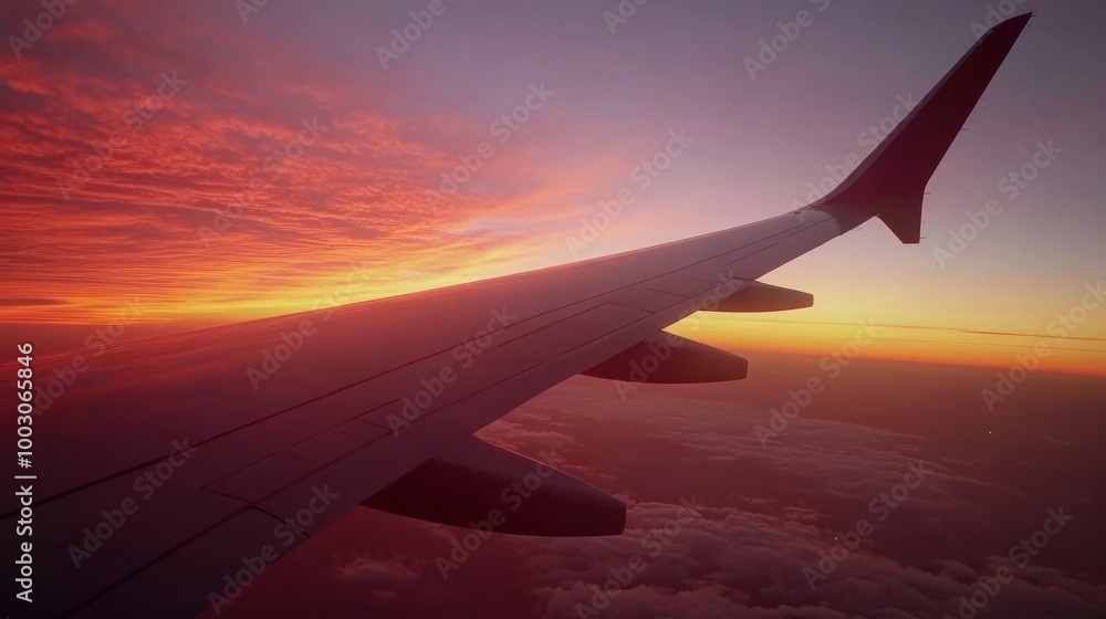 A scenic view of an airplane wing against a vibrant sunset sky. A scenic view of an airplane wing against a vibrant sunset sky.
