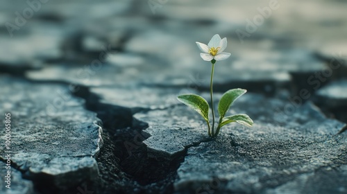 Macro shot of tiny flower sprouting in cracked pavement signifying nature s resilience