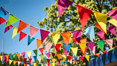 Decorative colorful triangular party flags, birthday celebration, festival and fair decoration. .AI generated image, ai