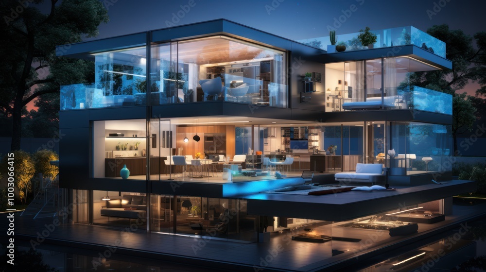 Obraz premium Modern Glass House Architecture at Night