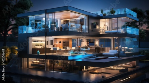 Modern Glass House Architecture at Night