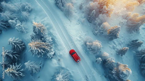 Car driving through snowy road in winter forest.