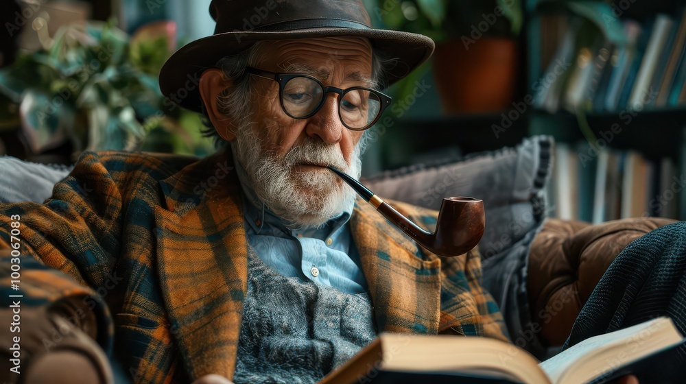 Elderly man with a pipe, reading a book in a comfortable chair Elderly man with a pipe, reading a book in a comfortable chair
