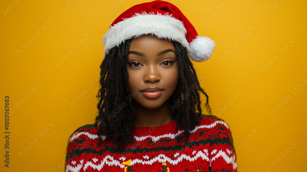 Xmas vibes - waiting for Santa! Young black woman wearing ugly Christmas sweater, smiling at the camera Xmas vibes - waiting for Santa! Young black woman wearing ugly Christmas sweater, smiling at the camera