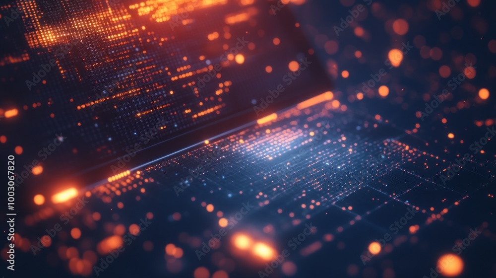 Fototapeta premium Abstract digital landscape with glowing data patterns and a laptop interface.