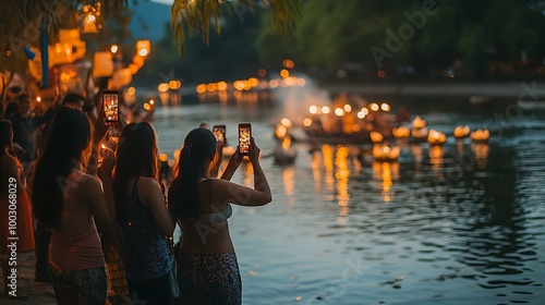 A group of friends taking photos by the river as they prepare to release their krathongs into the water photo