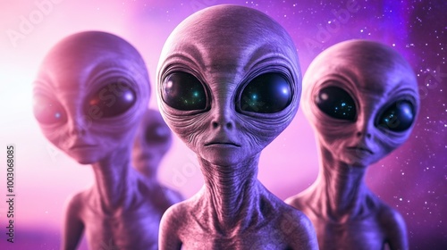 Four intriguing alien figures stand together, their large eyes gazing into the cosmic expanse of colorful stars