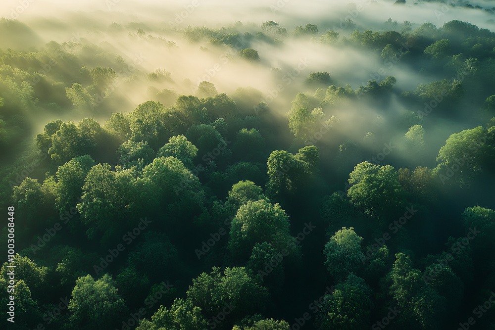 A dense forest with trees covered in mist A dense forest with trees covered in mist