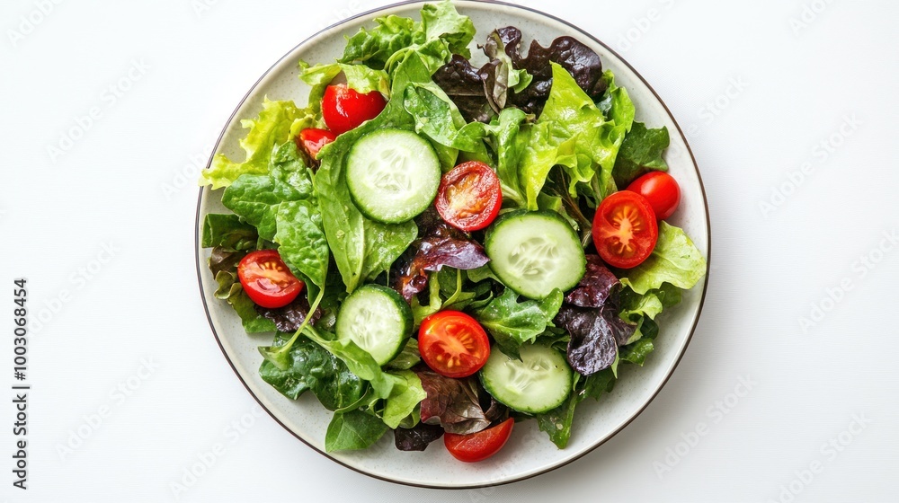 A fresh salad with mixed greens, cucumbers, and cherry tomatoes on a white plate. A fresh salad with mixed greens, cucumbers, and cherry tomatoes on a white plate.