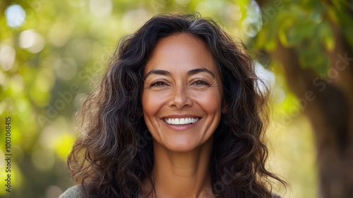 Portrait of a confident, smiling middle-aged Hispanic woman in her 40s or 50s, radiating positivity outdoors, showcasing Latin American pride, generative ai