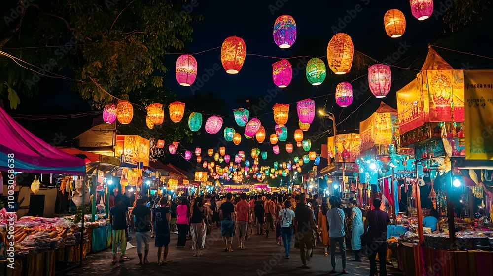 A vibrant festival atmosphere with decorated stalls, lanterns, and a crowd gathered for the Loy Krathong Festival A vibrant festival atmosphere with decorated stalls, lanterns, and a crowd gathered for the Loy Krathong Festival