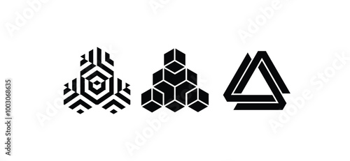 Graphic icons set with abstract triangle designs on black backgrounds, perfect for creating modern, visually striking design projects and adding flair to artistic concepts.