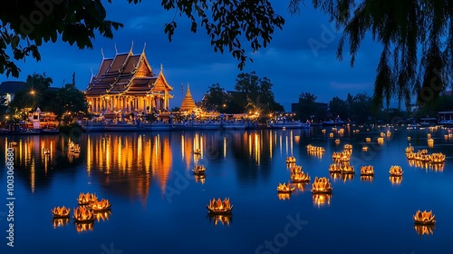 A wide shot of a temple reflecting in the water with krathongs floating in the foreground during the Loy Krathong Festival photo