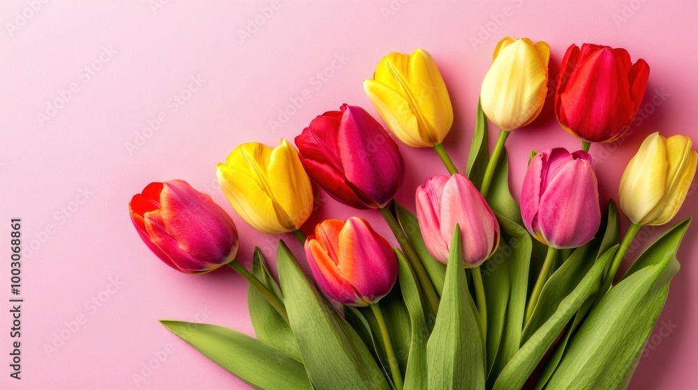 A vibrant arrangement of colorful tulips on a pink background. A vibrant arrangement of colorful tulips on a pink background.