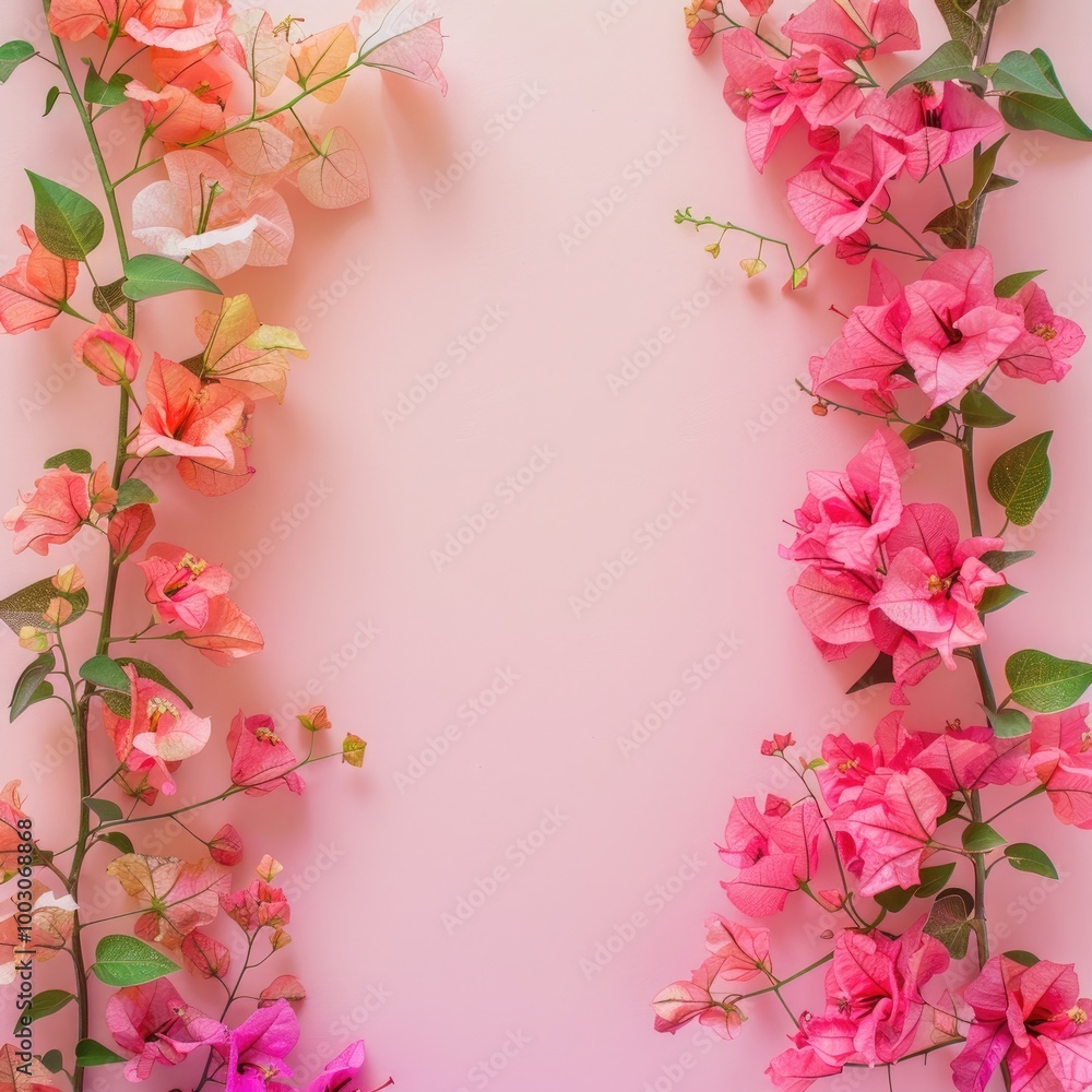 Obraz premium Colorful Bougainvillea flowers on soft color background, romantic feminine composition, wedding invitation concept.